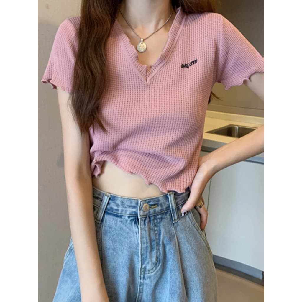 Fungus Curling camiseta de manga curta feminina verão oco fino ajuste de malha com decote em V cintura alta curto topo c