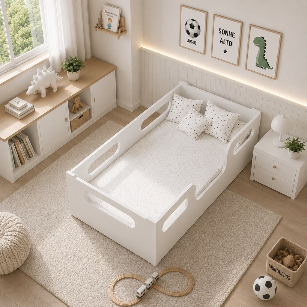 Caminha Infantil Encanto Montessoriana + Colchão Incluso Menino Menina MDF Branca - Segurança