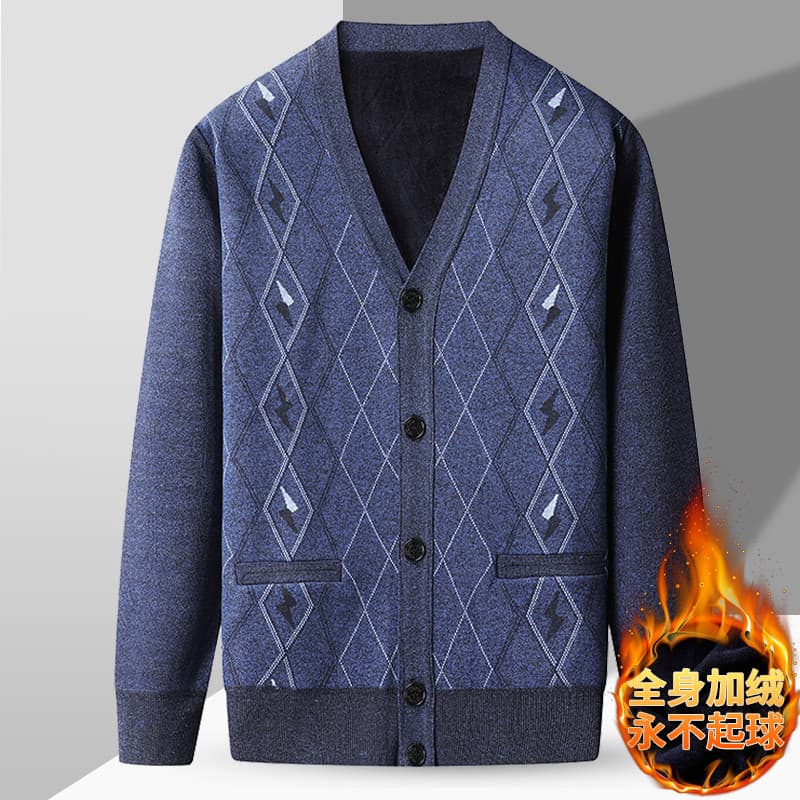 Outono inverno masculino forro de lã Cardigan camisola de meia-idade idoso pai malhas jaqueta Gran