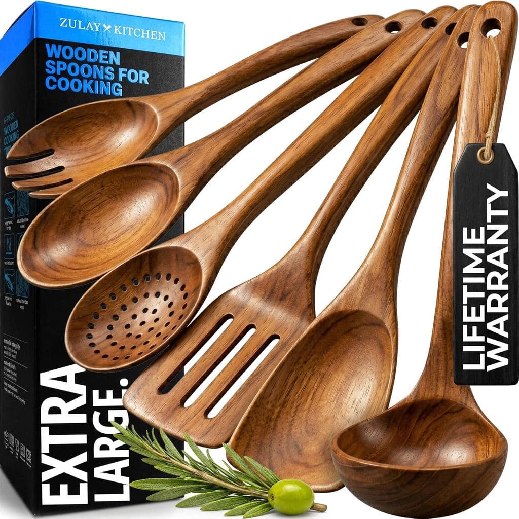 Conjunto de Colheres de Madeira Extra Grande de 6 Peças Zulay Kitchen - Utensílios de Cozinha em Teca Lisa - Espátula An