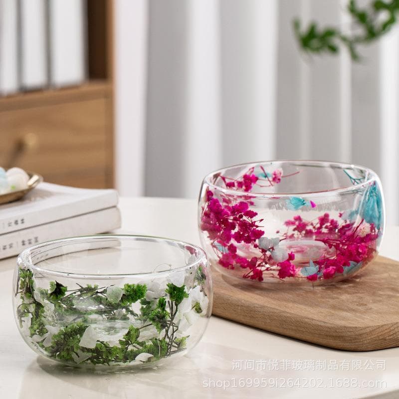 Novo produto transfronteiriço tigela de vidro de flores secas dupla camada isolada diy tigela de sobremesa frutas vegeta