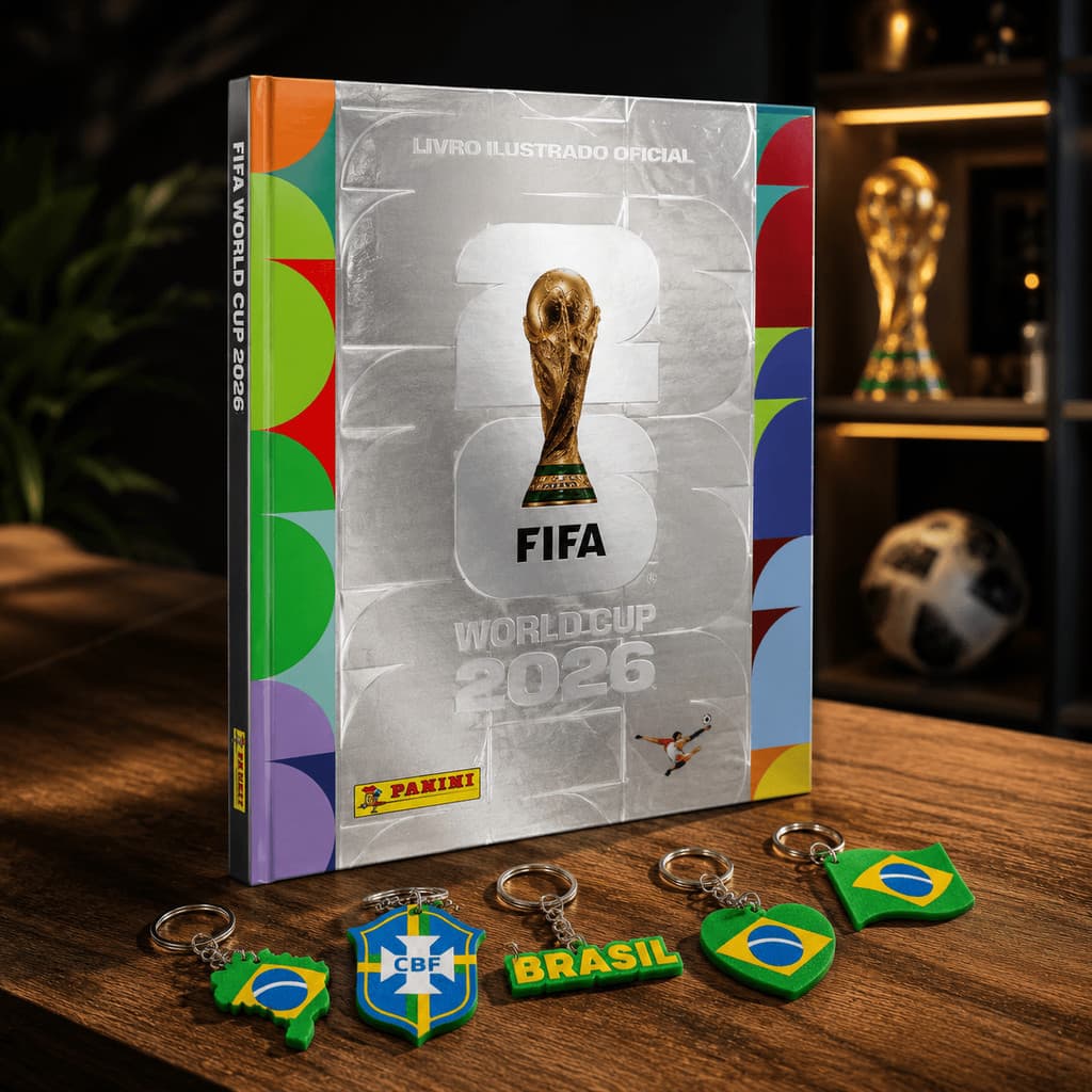 Kit Álbum Capa Dura Dourado Copa do Mundo 2026 Oficial Panini + 5 Chaveiros do Brasil | Livro Ilustrado Edição Especial