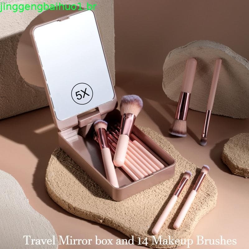 Conjunto De Pincéis De Maquiagem Com Espelho Iluminado Portátil Alça Curta Luz LED Kit Recarregável USB