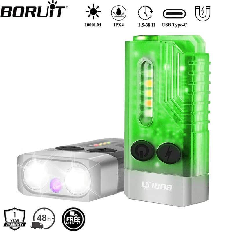 BORUiT V10 EDC Lanterna LED Fluorescente com Carregamento Tipo-C, Luz de Trabalho, Ímã, Alarme, 365nm UV V3 Plus