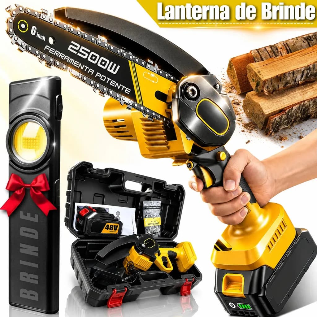 Kit Mini Motosserra 48v Sem Fio + Lanterna Led Cob Magnética