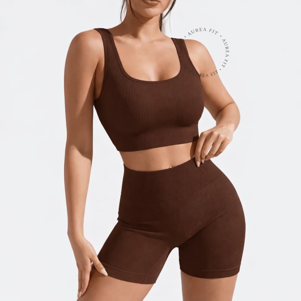 Conjunto Fitness Feminino Short Canelado Sem Costura com Top Bojo Removível Academia Treino Yoga