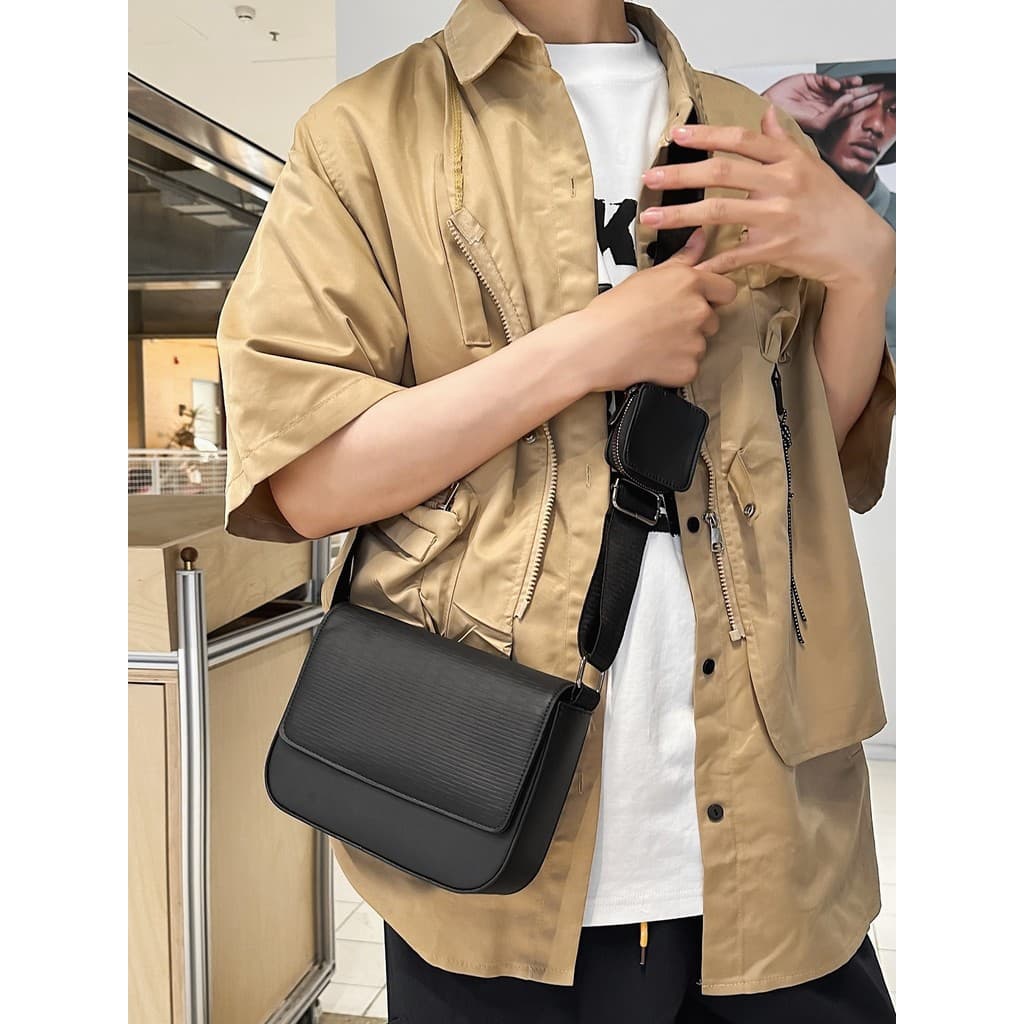 Flip pequeno quadrado saco masculino Street Wear High-End sentir alça de ombro larga saco do mensageiro simples Commuter