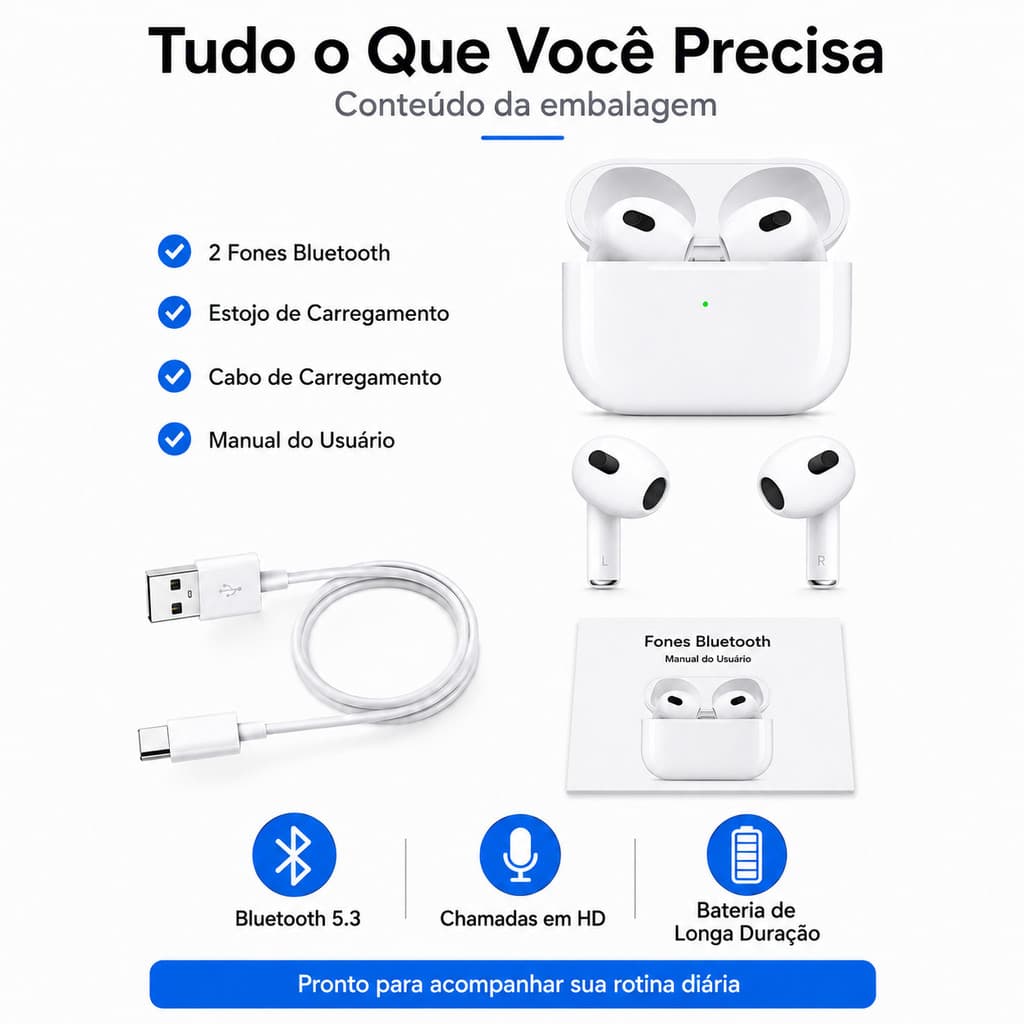 Fones Intraurais Sem Fio Versão Bluetooth 5.3 Som de Alta Qualidade Bateria Resistente para Dia a Dia
