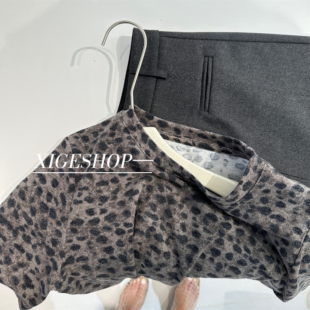High-End cinza leopardo impressão de manga curta escovado camiseta feminina início do outono estilo moda legal solto em