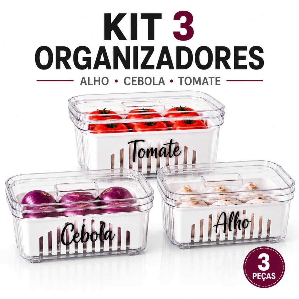 Kit 3 Organizadores para Geladeira Alho Cebola Tomate com Escorredor Interno e Válvula de Respiro
