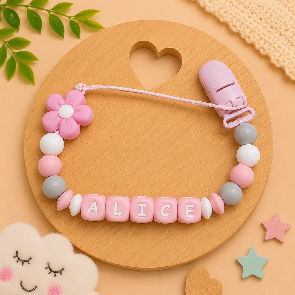 Prendedor de Chupeta de Silicone Macio e Mordedor Personalizado com Nome do Bebê Flor BPA FREE