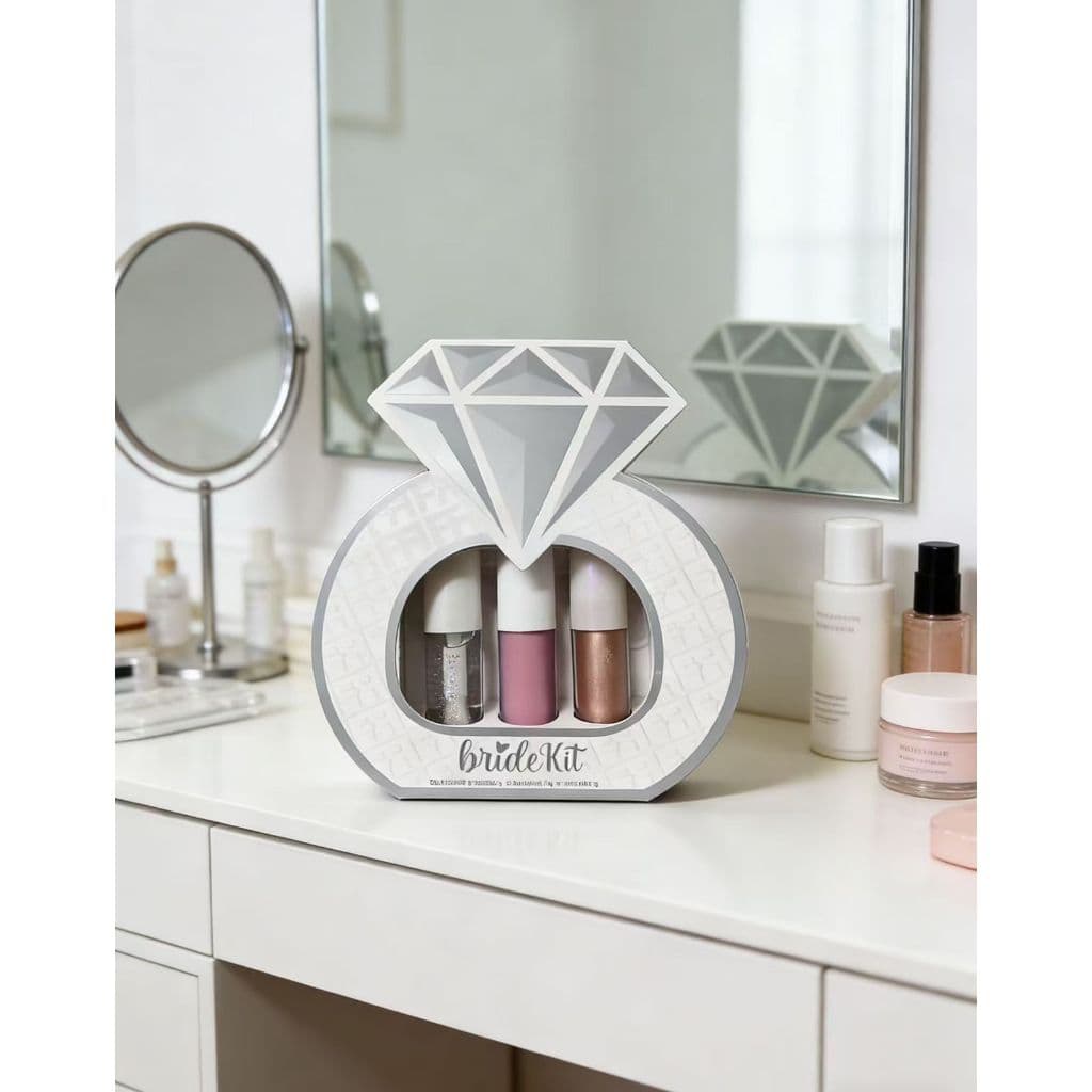 Kit De Maquiagem 3 Em 1 Bride Kit Gloss Blush Liquido E Iluminador Caixa Luxo Formato De Anel Presente Noiva