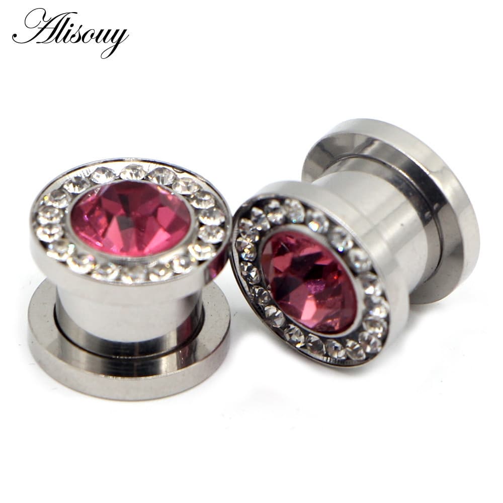 Alisouy 2 peças/conjunto 3mm-10mm Expansor de Orelha de Cristal Rosa Zircônia Joia de Piercing em Aço BXKD