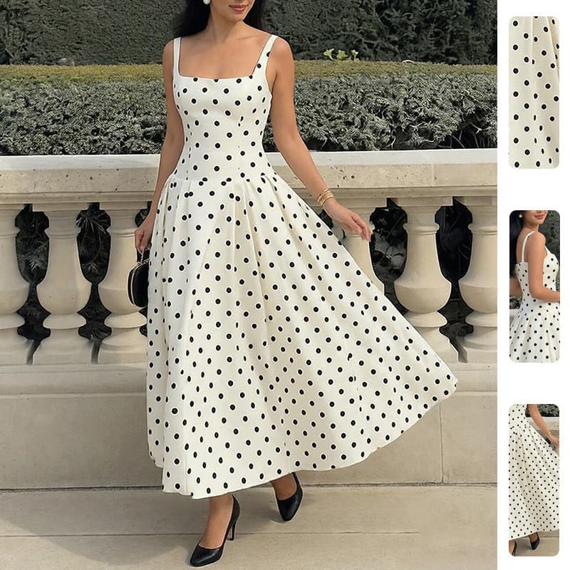 Nova Moda Feminina Verão 2026: Vestido Elegante para o Início do Verão, Vestido Retrô Sem Alças com Estampa de Bolinhas