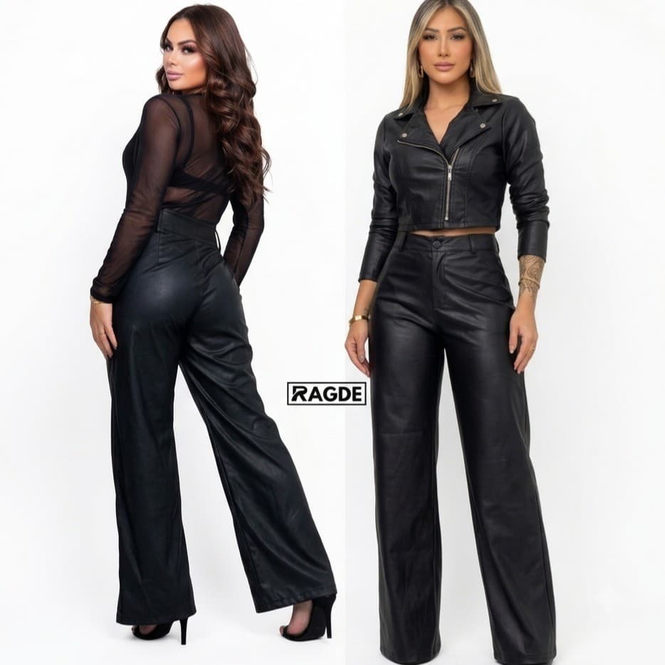 Calça Couro Ecológico Pantalona Wide Leg Cintura Alta Linha Gold | Ragde