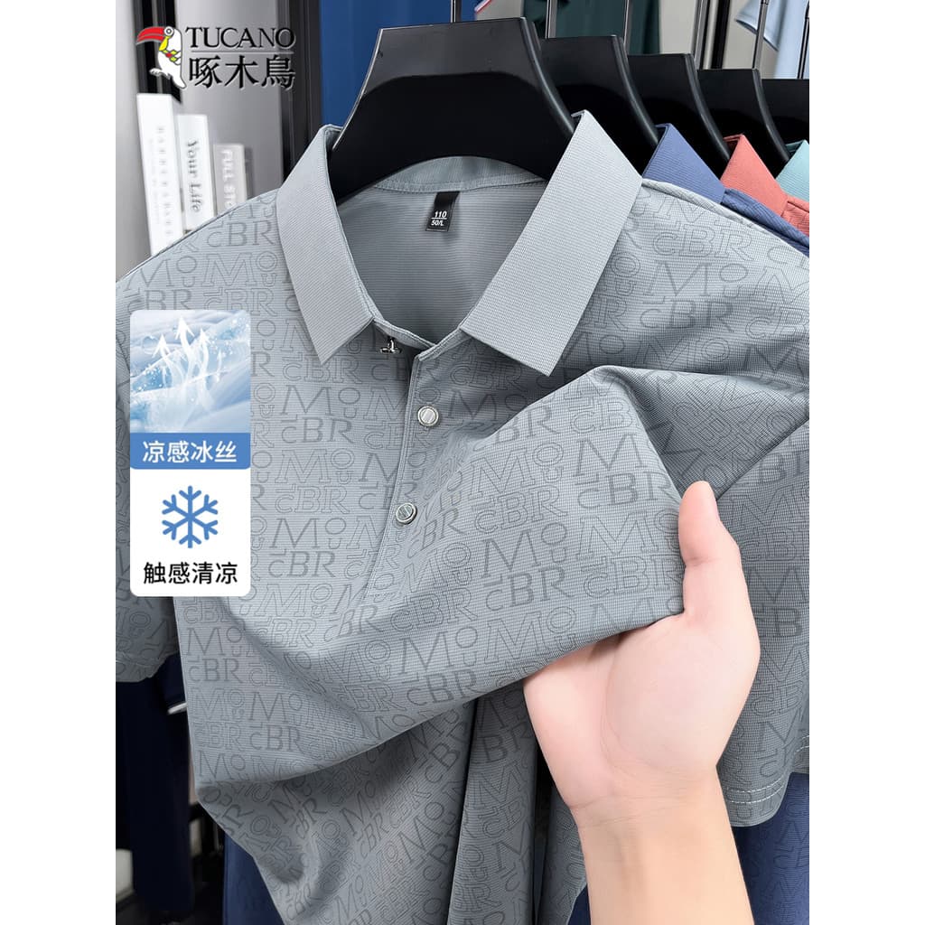 Woodpecker pai camiseta de manga curta masculina lapela camisa POLO 2026 novo estilo verão gelo seda meia manga camiseta