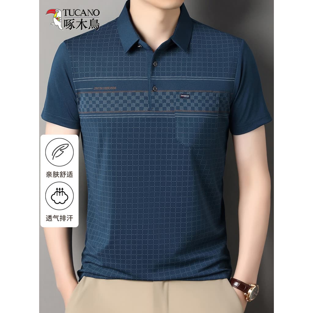 Woodpecker camiseta de manga curta masculina verão novo estilo lapela botão bolso Real camisa polo pai usar verificado t