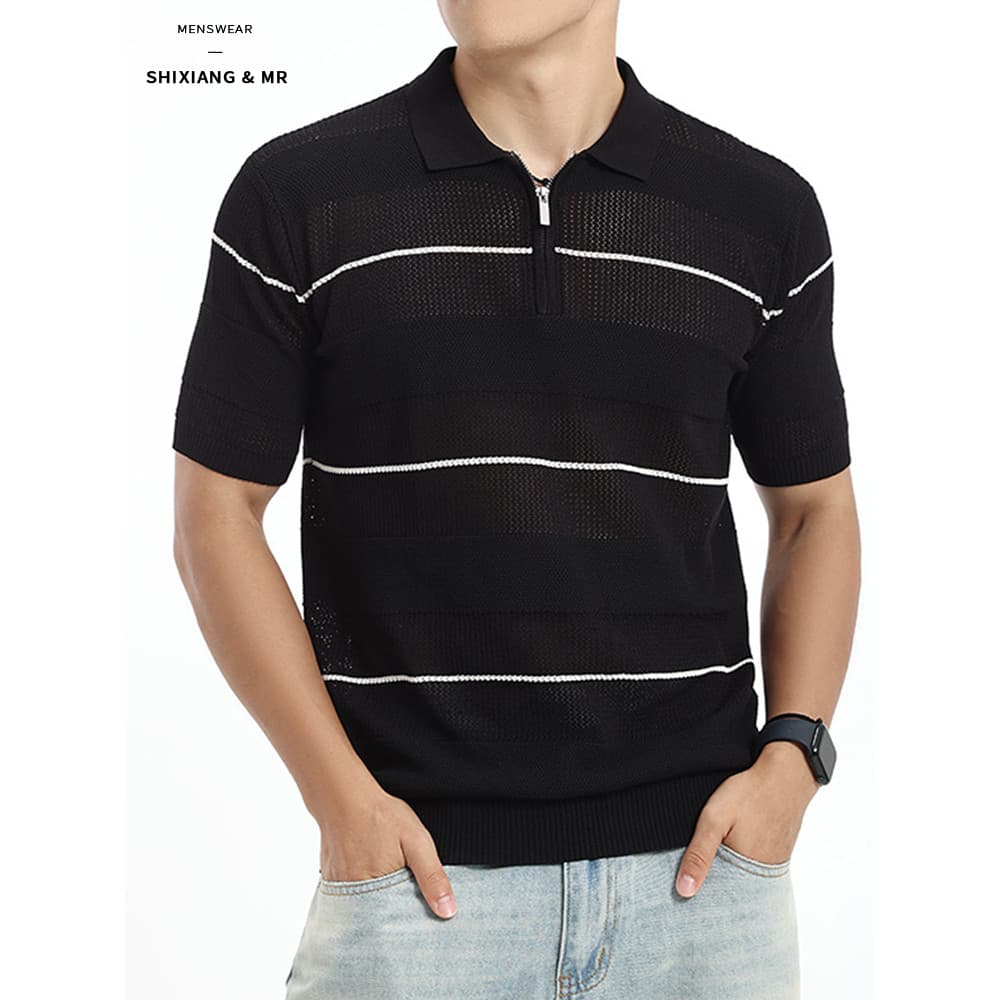 Camisa polo Retro masculina verão fino gelo seda respirável lapela meio zíper listrado oco malha camisa polo de manga cu