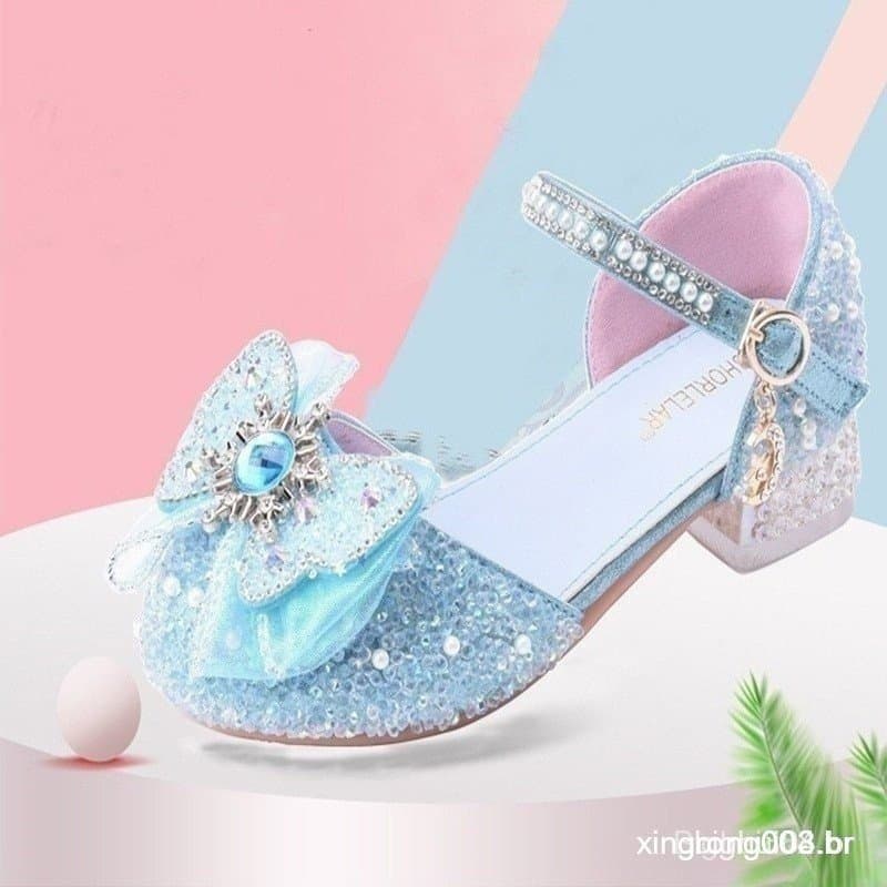 Adequado para sapatos de princesa de salto alto de verão para meninas, feitos de couro sintético, com padrão de borbolet