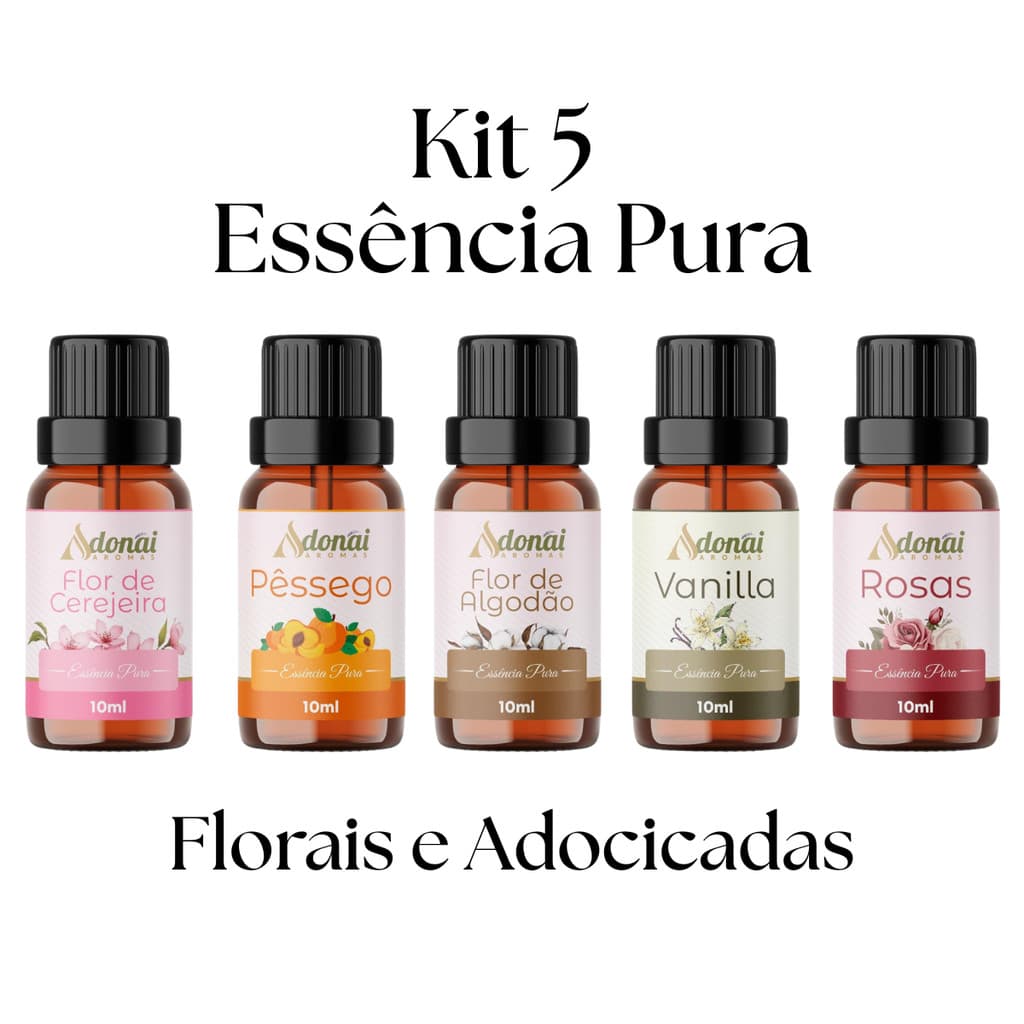 Kit 5 Essência Aromática Pura Aroma Adocicado P/ Difusor Elétrico Flor de Cerejeira e Algodão Pêssego Vanilla Rosas