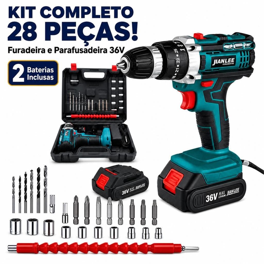 JUMLEE Conjunto de 28 peças Parafusadeira e Furadeira À Bateria 36v Sem Fio Bivolt Azul-2 Baterias e Kit Parafusadeira E