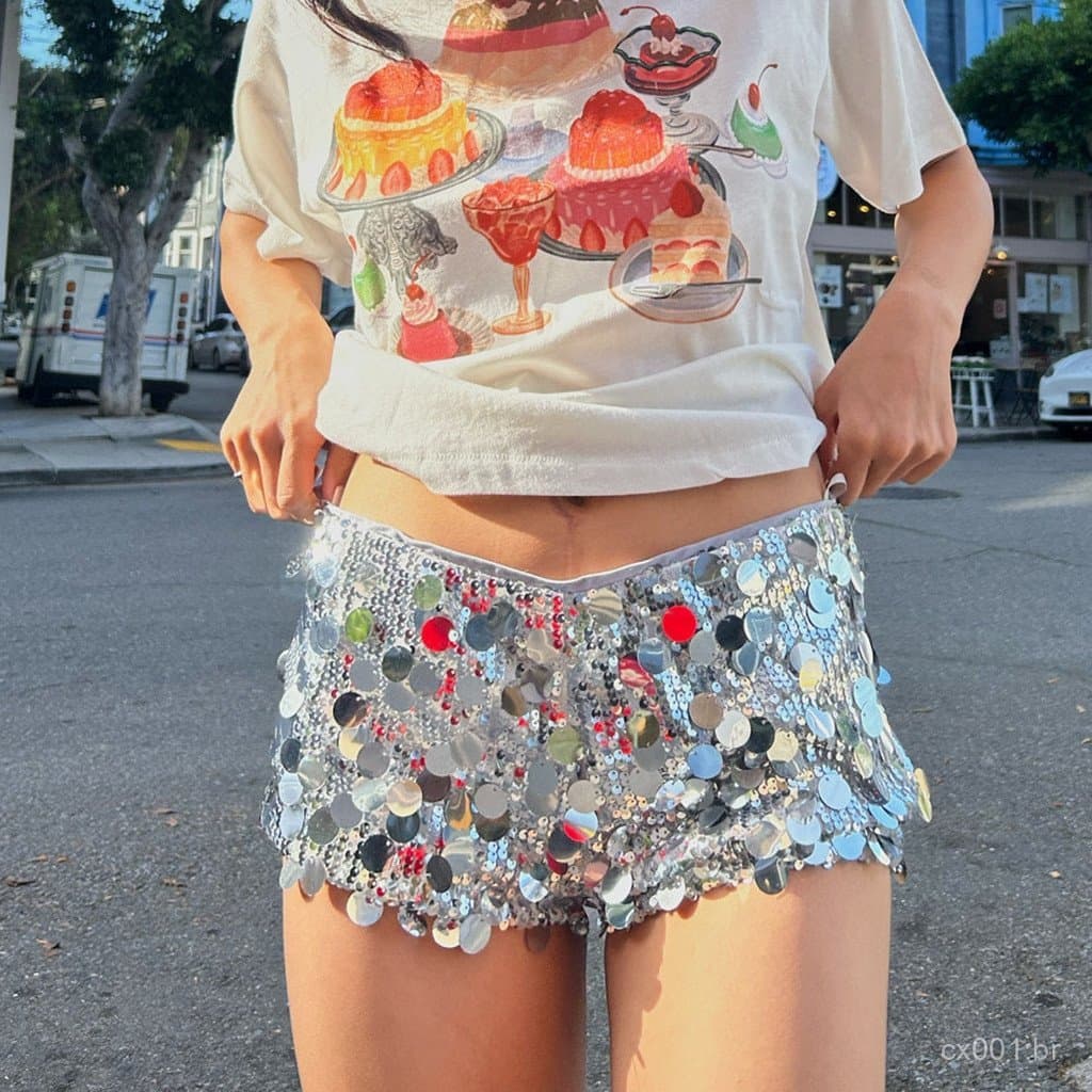 Silhouette1-Shorts Femininos De Verão Com Lantejoulas Brilhantes E Cintura Elástica Para Festa De Carnaval