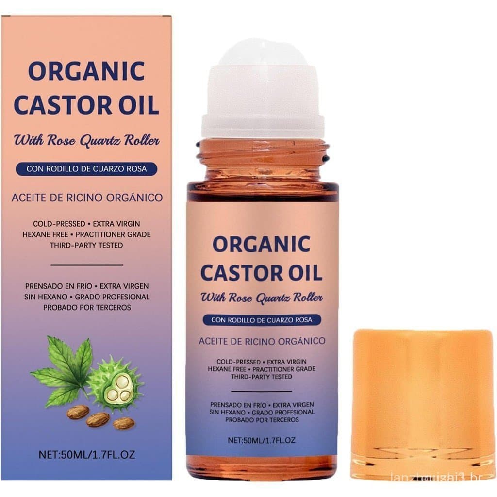 Óleo de rícino orgânico com esfera de quartzo rosa, essência de óleo de rícino orgânico em esfera, ingredientes naturais