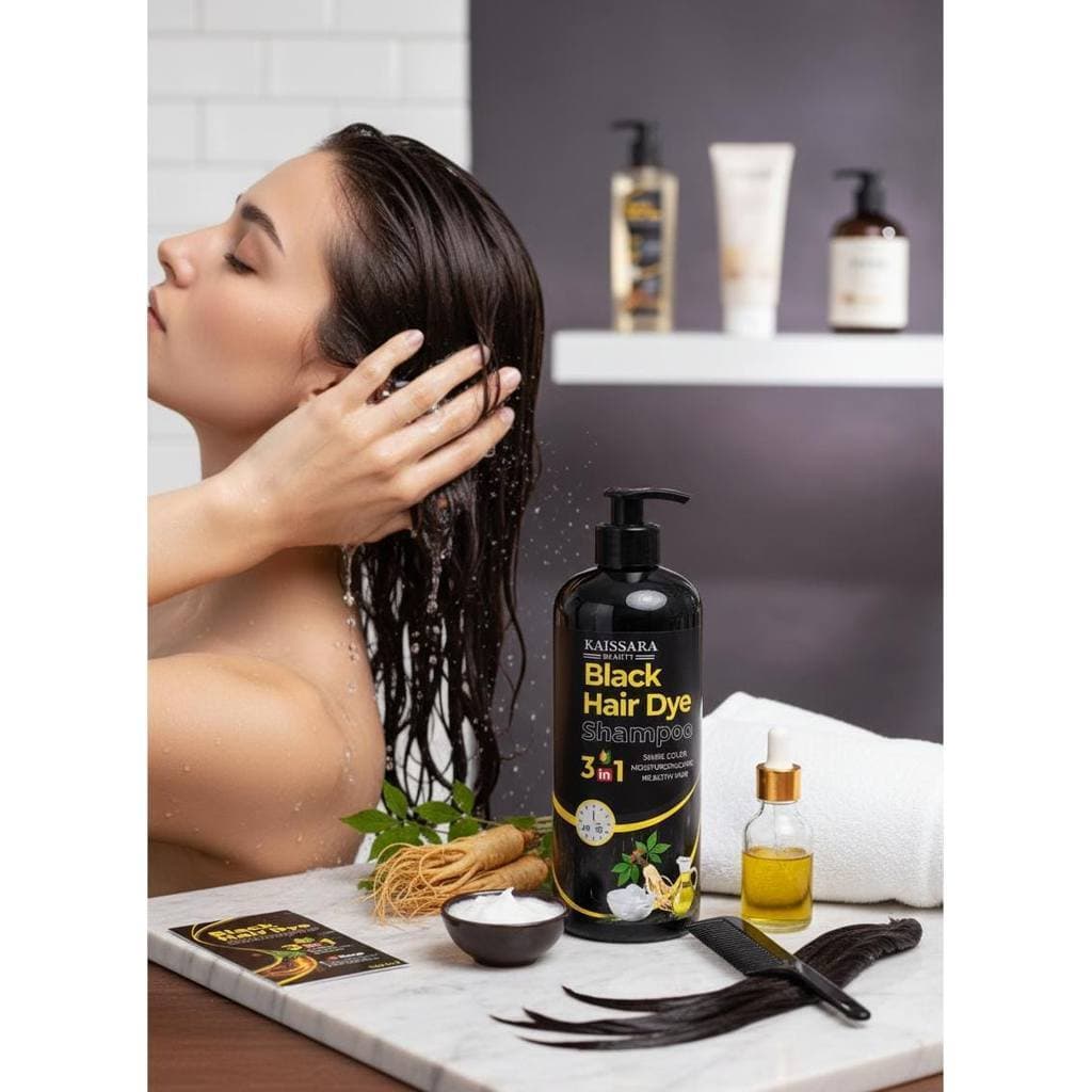 Shampoo 3 em 1 Black Hair Dye – Tonalizante Preto, Cobre Fios Brancos, Brilho Intenso