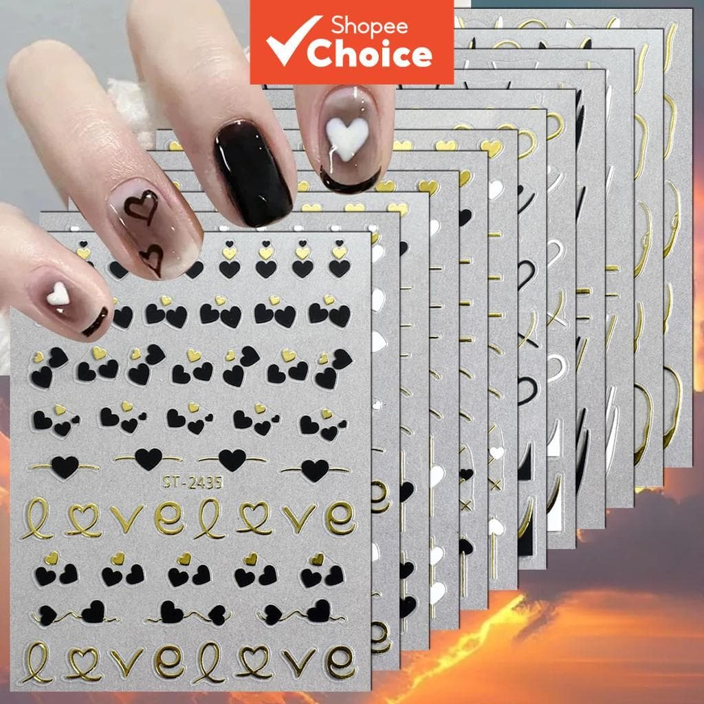 3/6/12 Folhas de adesivos 3D para unhas, preto, branco e dourado com ponta francesa e linha de coração, autoadesivos