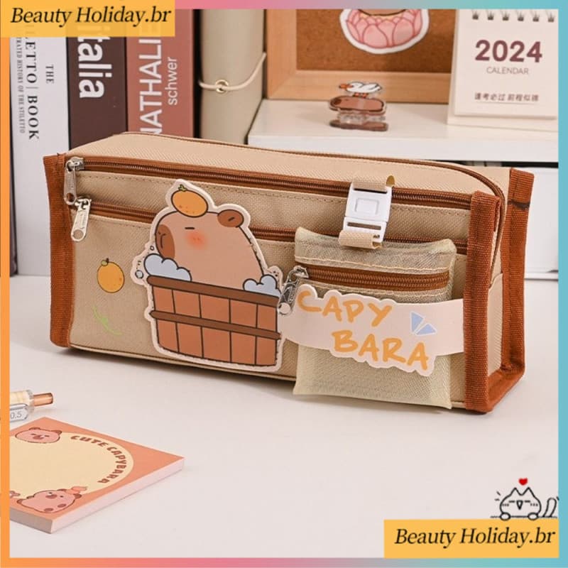 Estojo de Lápis Grande Capacidade com Estampa de Capivara Fofa, 5 Camadas, Material de Lona, Bolsa de Armazenamento para