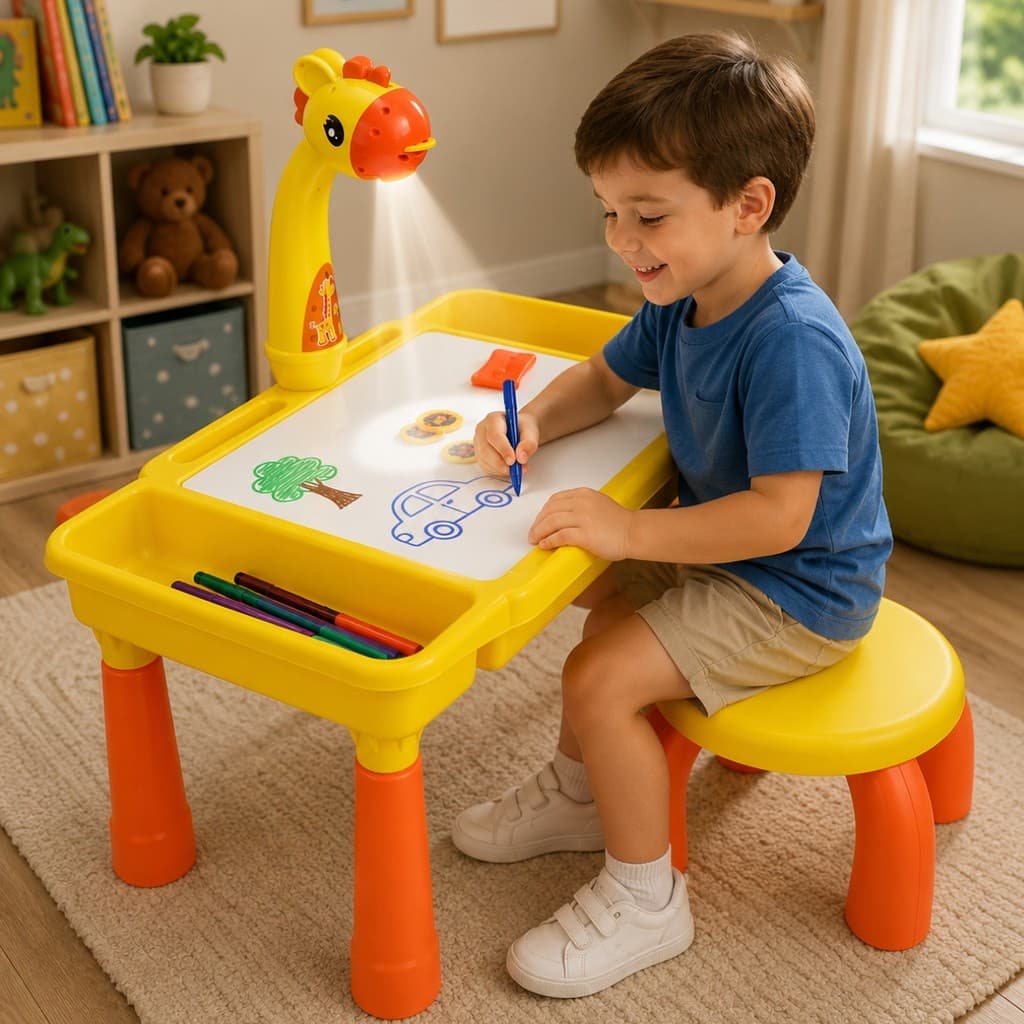 Kit Infantil Cadeirinha e Mesinha C/ Girafa Projetora Para Desenhar e Pintar Com Acessórios - Castela