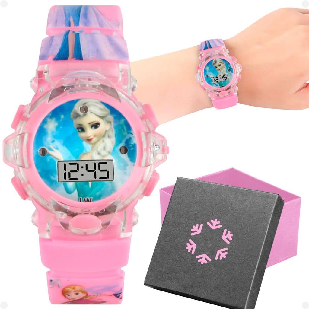 Relogio Led Rosa Silicone Princesa Digital Infantil + Caixa