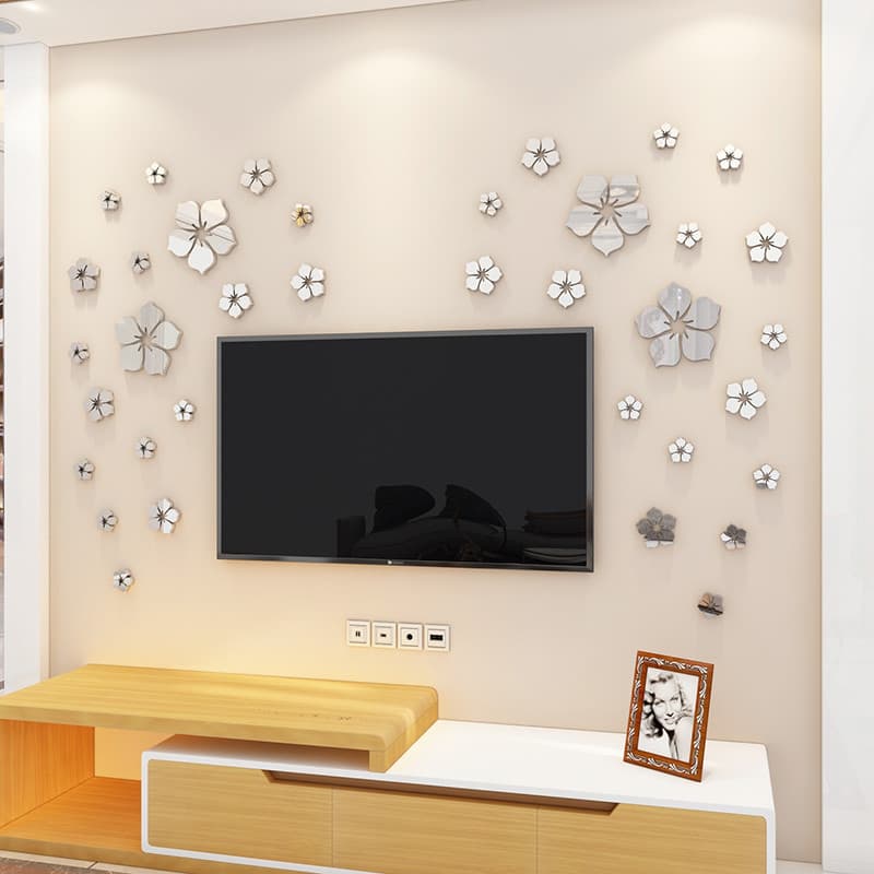 Espelho espelho flor de cerejeira pequeno padrão adesivo auto-adesivo criativo sala de estar TV fundo decoração da pared