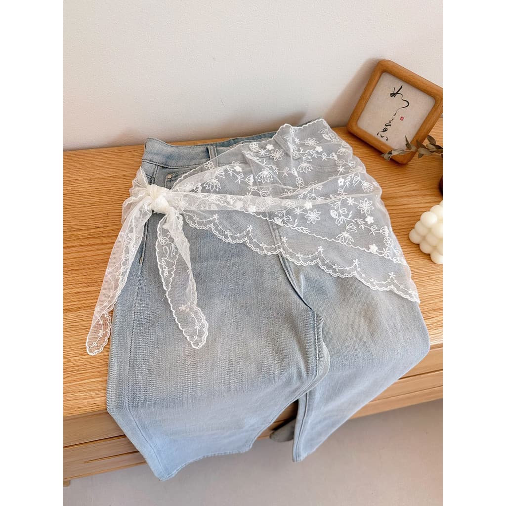 Estilo coreano requintado renda bordado triângulo cachecol cortina de bunda calças femininas exterior rendas saia decora