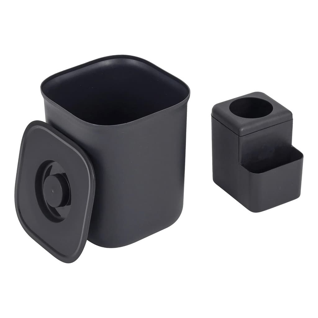 Kit Compacto Preto – Lixeira 4L com Porta Detergente e Suporte de Bucha