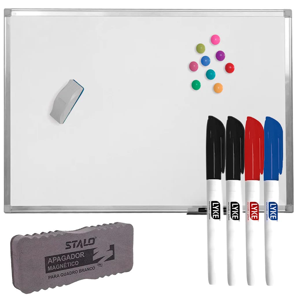 Quadro Branco Magnético 100x70cm Lousa Branca Magnética Moldura Alumínio Standart + 4 Canetas + Apagador