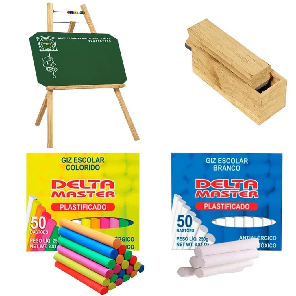 Lousa Quadro Verde Infantil Cavalete + 2 Caixas Giz  + 1 Apagador P/ Giz