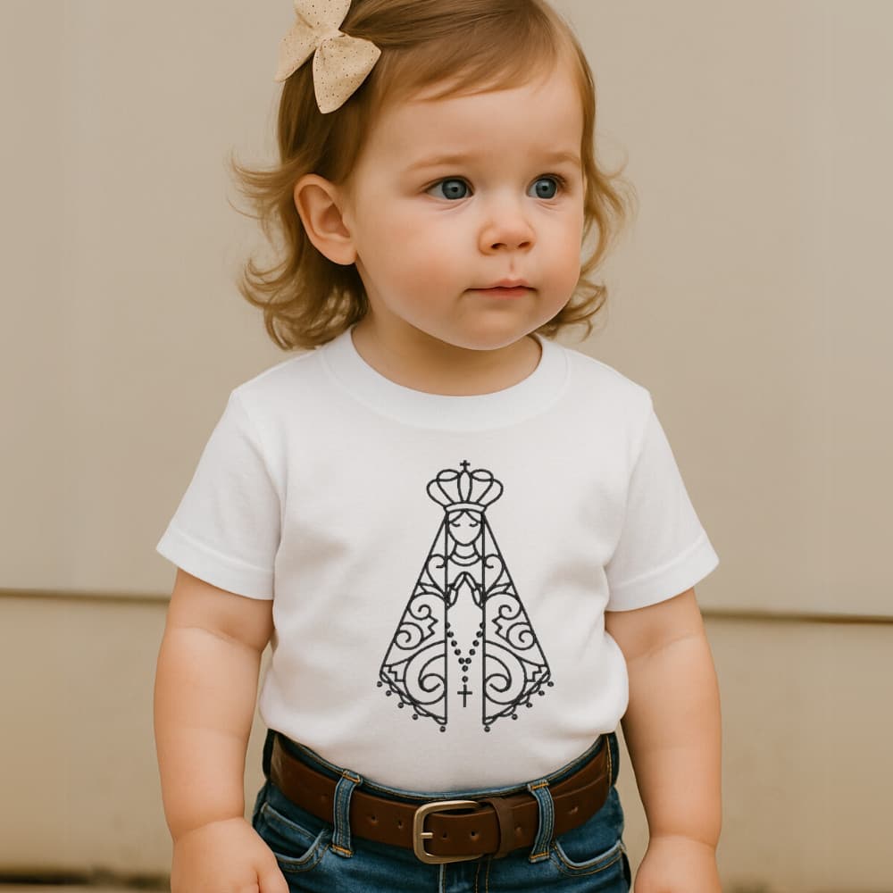 Camiseta 100%Algodão Feminina Country Estampa Nossa Senhora Aparecida Minimalista Fine Line Católica Premium KIDS