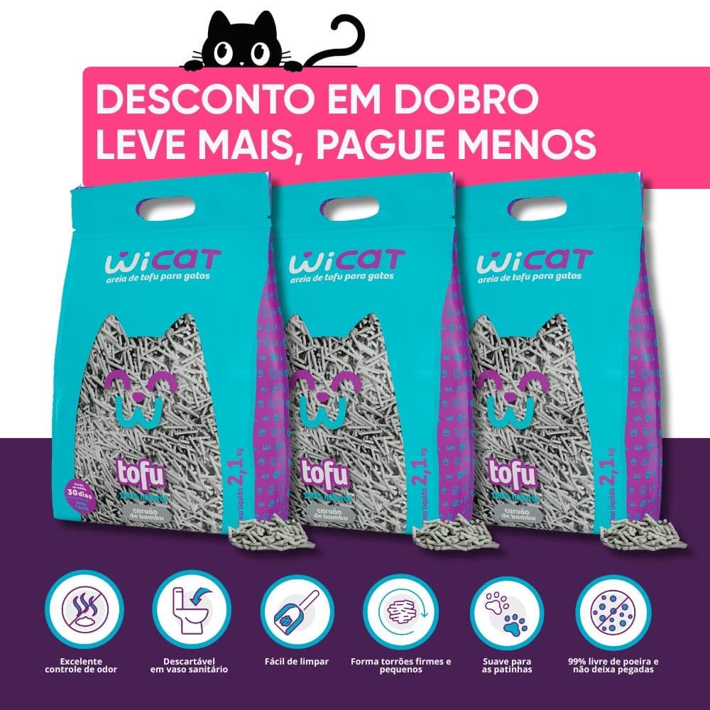 Kit 3 Areias Higiênicas de Tofu Biodegradavel Wicat Para Gato de Carvão de Bambu  2.1kg