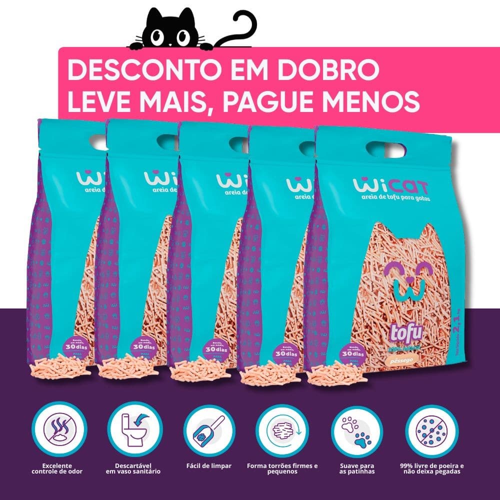Kit 5 Areias Higiênicas de Tofu Biodegradavel Wicat Para Gato Pêssego 2.1kg