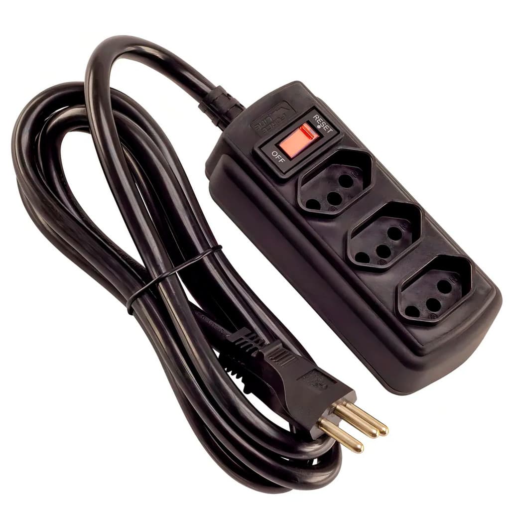 Filtro de Linha 20A 3 Tomadas Preto Cabo 1,50m Force Line Extensão Elétrica Energia Várias Tomadas