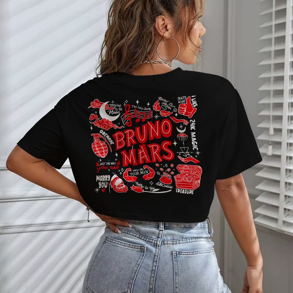 Cropped Top Estilosa Oversized Feminina Versão Frente E Costas Bruno Mars Álbuns Red Color Unissex