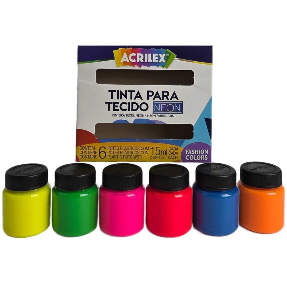 Tinta Para Tecido Neon Fluorescente kit 6 Cores 15ml