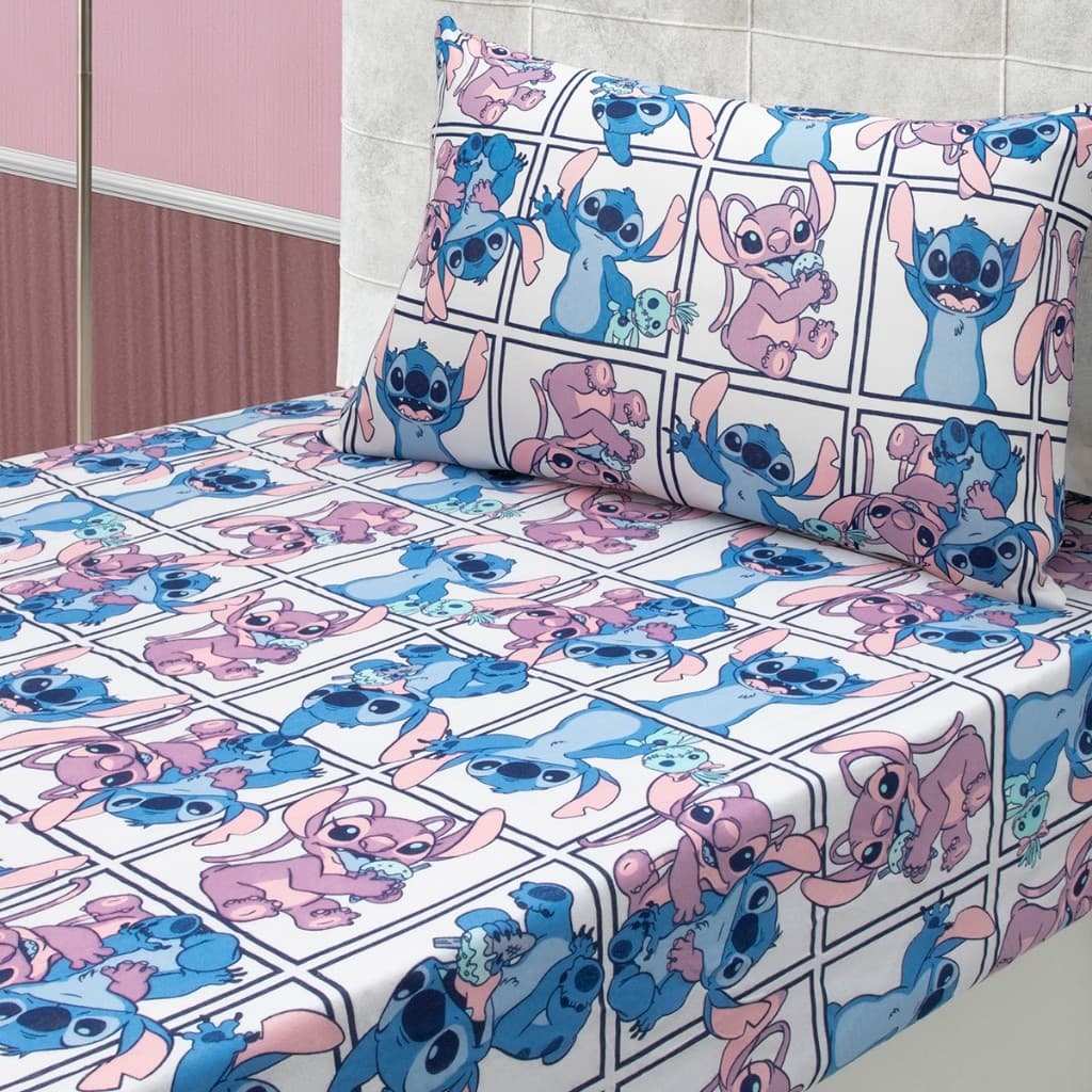 Jogo de Cama Solteiro Malha Mista Disney Stitch quadrinhos Azul algodao com elastico