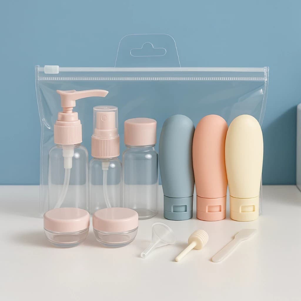 Kit Viagem 10 Peças Higiene Pessoal Frascos Potes Spray para Shampoo Creme e Loções Portátil e à Prova de Vazamento
