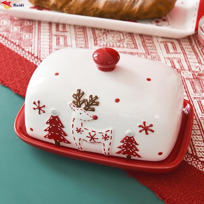 Prato De Manteiga De Cerâmica De Natal Com Tampa-Caixa De Proteção Para Decoração De Balcão