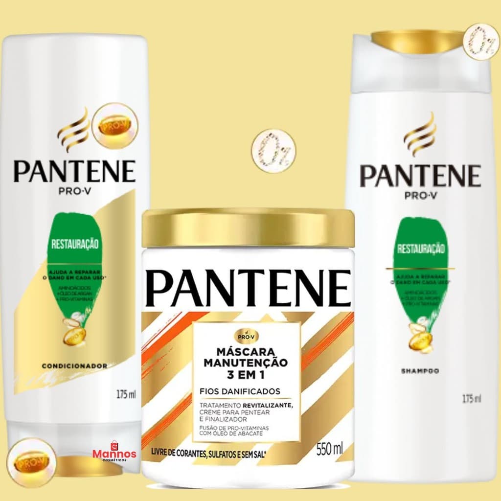 Kit Pantene Restauração Reparação De Danos Shampoo 175ml Condicionador 175ml Mascara Manutenção 3em1 550