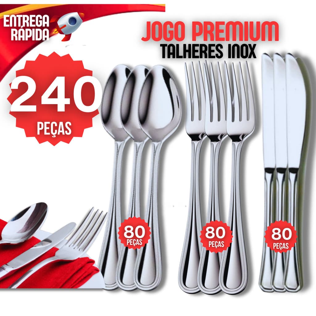 Kit 240 Talheres 100% Aço Inox 80 Garfo 80 Faca 80 Colher Premium Casa Buffet Restaurante Lanchonete Cozinha Bar