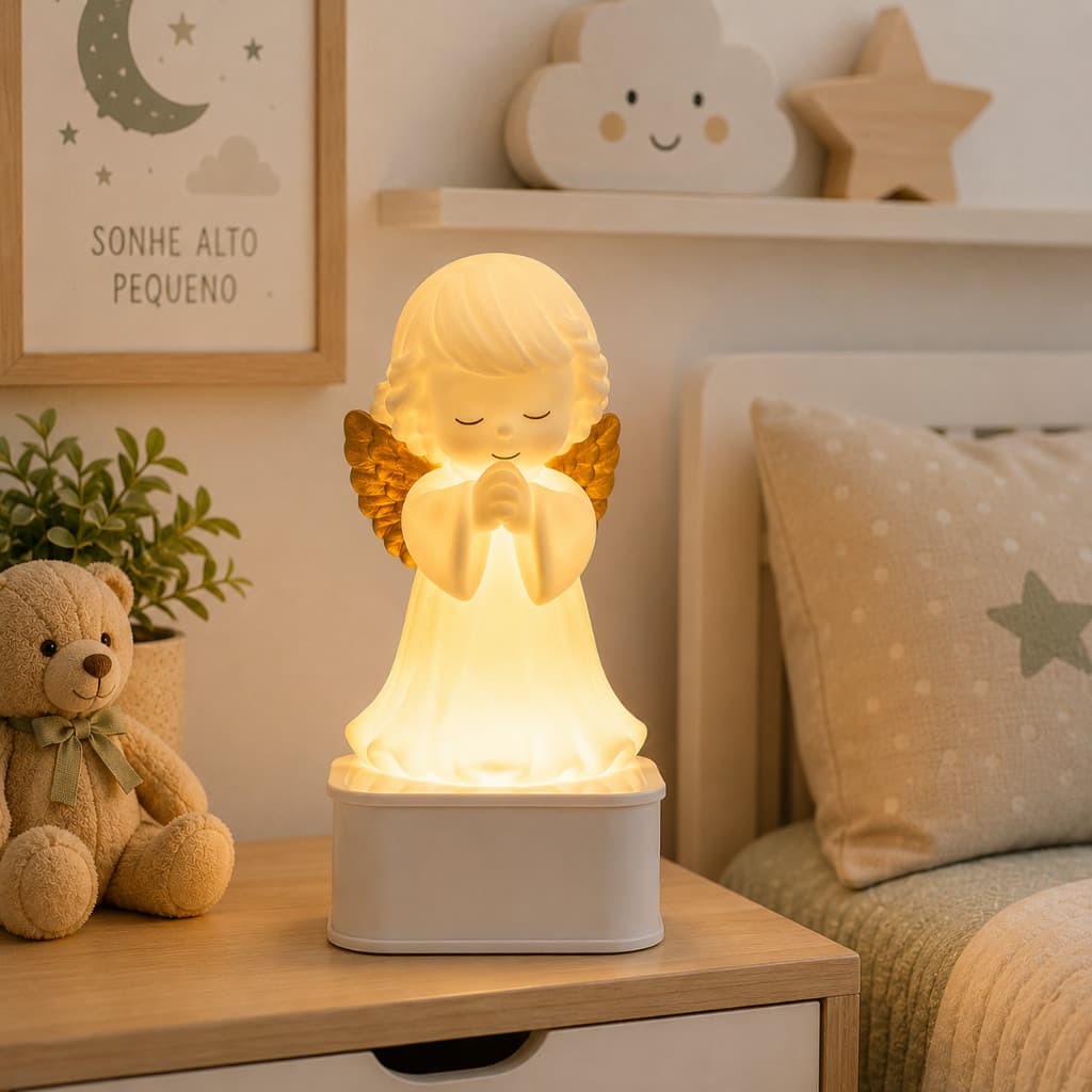 Abajur Luminária Anjo da Guarda Plástico Luz Suave Borracha pilha e USB 18 CM Muda de Cor ao Toque