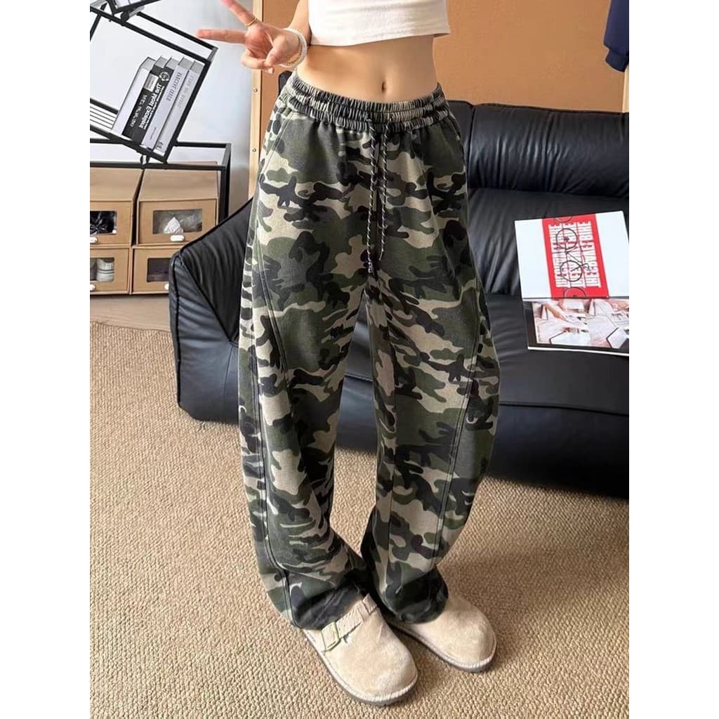Calça de moletom camuflada verde exército com corte chanfrado, calça esportiva Casual americana retrô para meninos